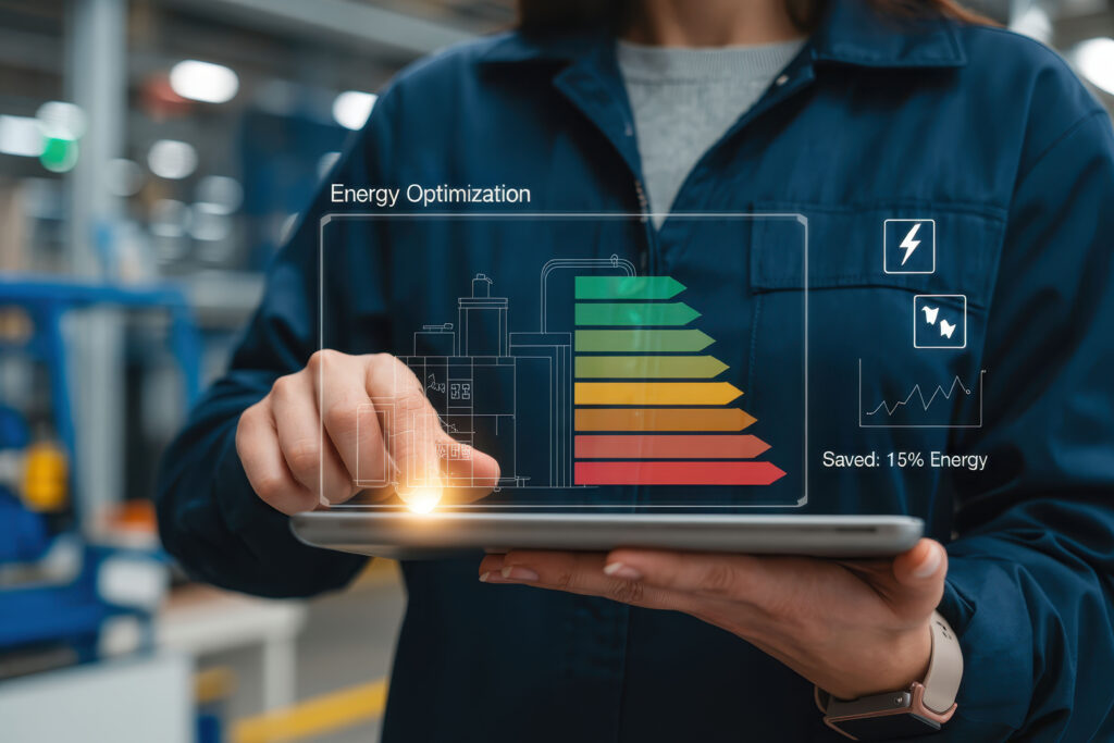 L’ottimizzazione energetica è fondamentale nelle industrie moderne: l’immagine mostra una manager mentre utilizza un tablet per monitorare l’efficienza energetica.